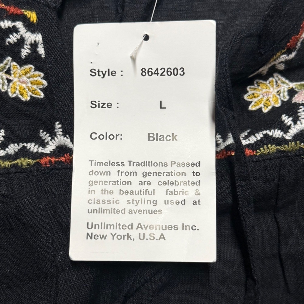 Rebellion Again Peasant Blouse Black Embroidered Cotton Boho Top Womens L NEW - Picture 6 of 11